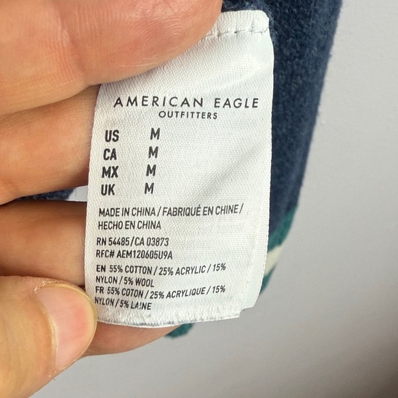 American Eagle Men's Green Blue Cotton Wool Blend Knit Medium Sweater Hoodie - Picture 10 of 11